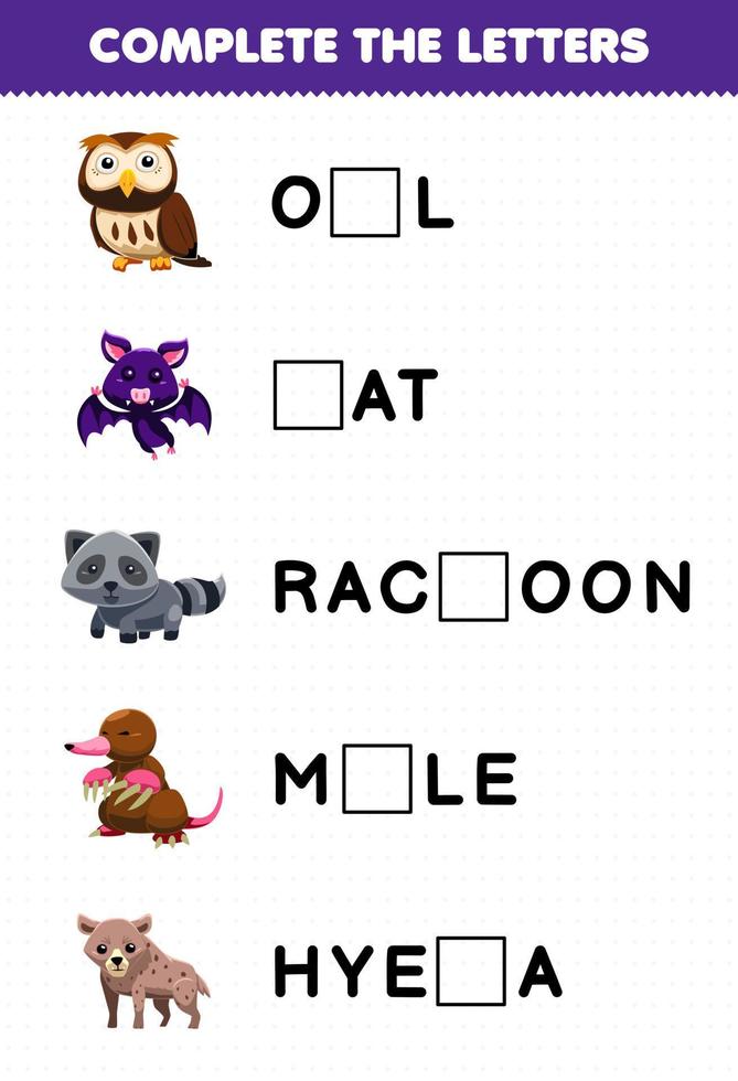 juego educativo para niños completar las letras de la linda hoja de trabajo imprimible del nombre del animal nocturno vector