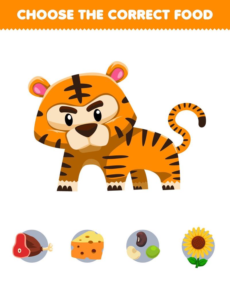 Education game for children choose the correct food for cute cartoon animal tiger beef cheese peanut or flower printable worksheet vector