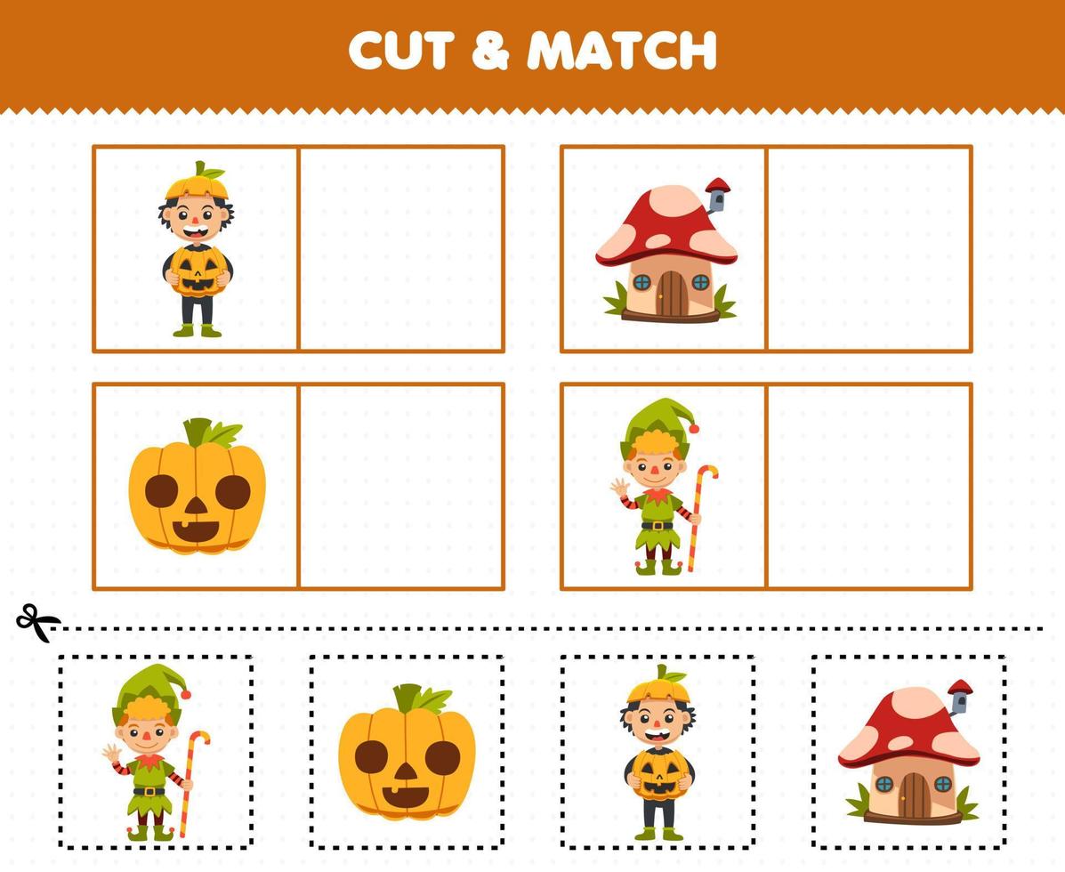 Education game for children cut and match the same picture of cute cartoon mushroom house pumpkin boy dwarfs costume halloween printable worksheet vector