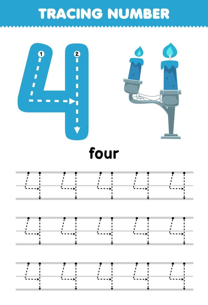 Education game for children tracing number four with halloween theme blue candles printable worksheet vector
