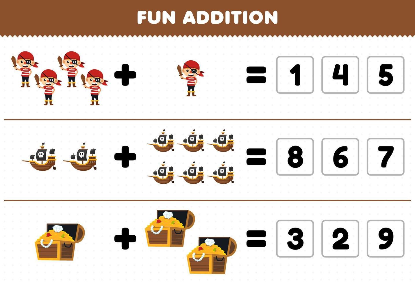 Education game for children fun addition by guess the correct number of cute cartoon treasure chest ship pirate costume halloween printable worksheet vector