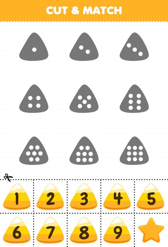 juego educativo para niños cuente los puntos en cada silueta y combínelos con la hoja de trabajo imprimible de halloween de dulces de maíz amarillo numerada correcta vector