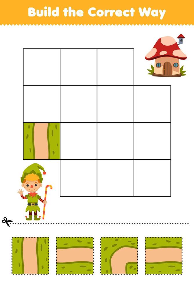 Education game for children build the correct way help cute cartoon dwarfs costume move to mushroom house halloween printable worksheet vector