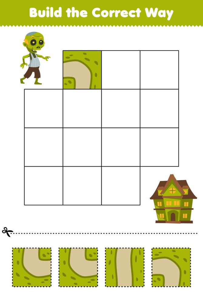 Education game for children build the correct way help cute cartoon zombie costume move to green spooky house halloween printable worksheet vector