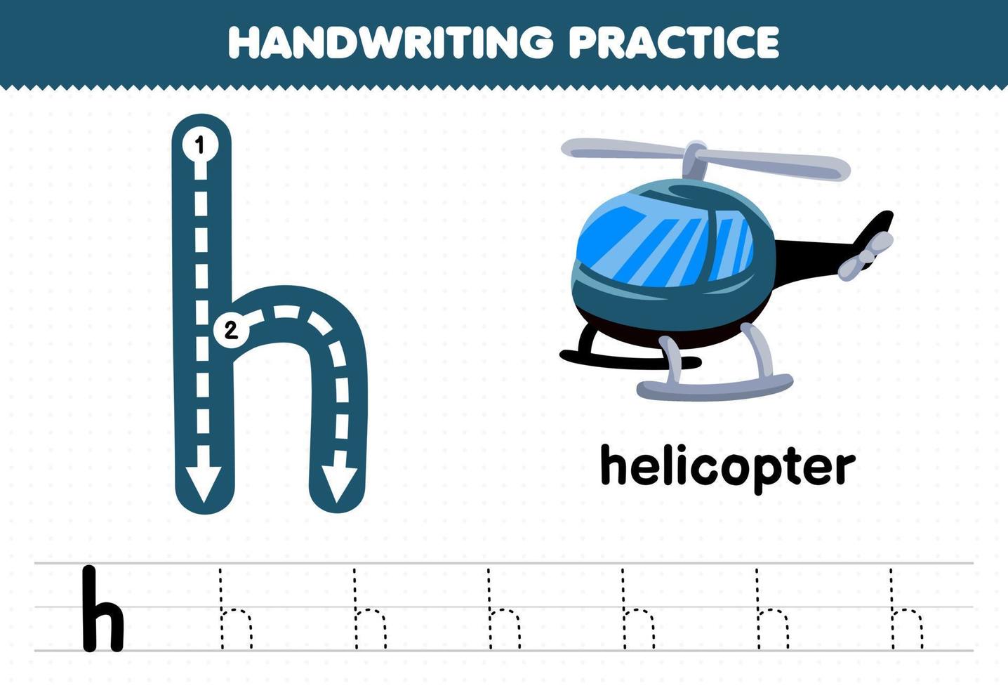 juego educativo para niños práctica de escritura a mano con letras minúsculas h para hoja de trabajo imprimible de helicóptero vector