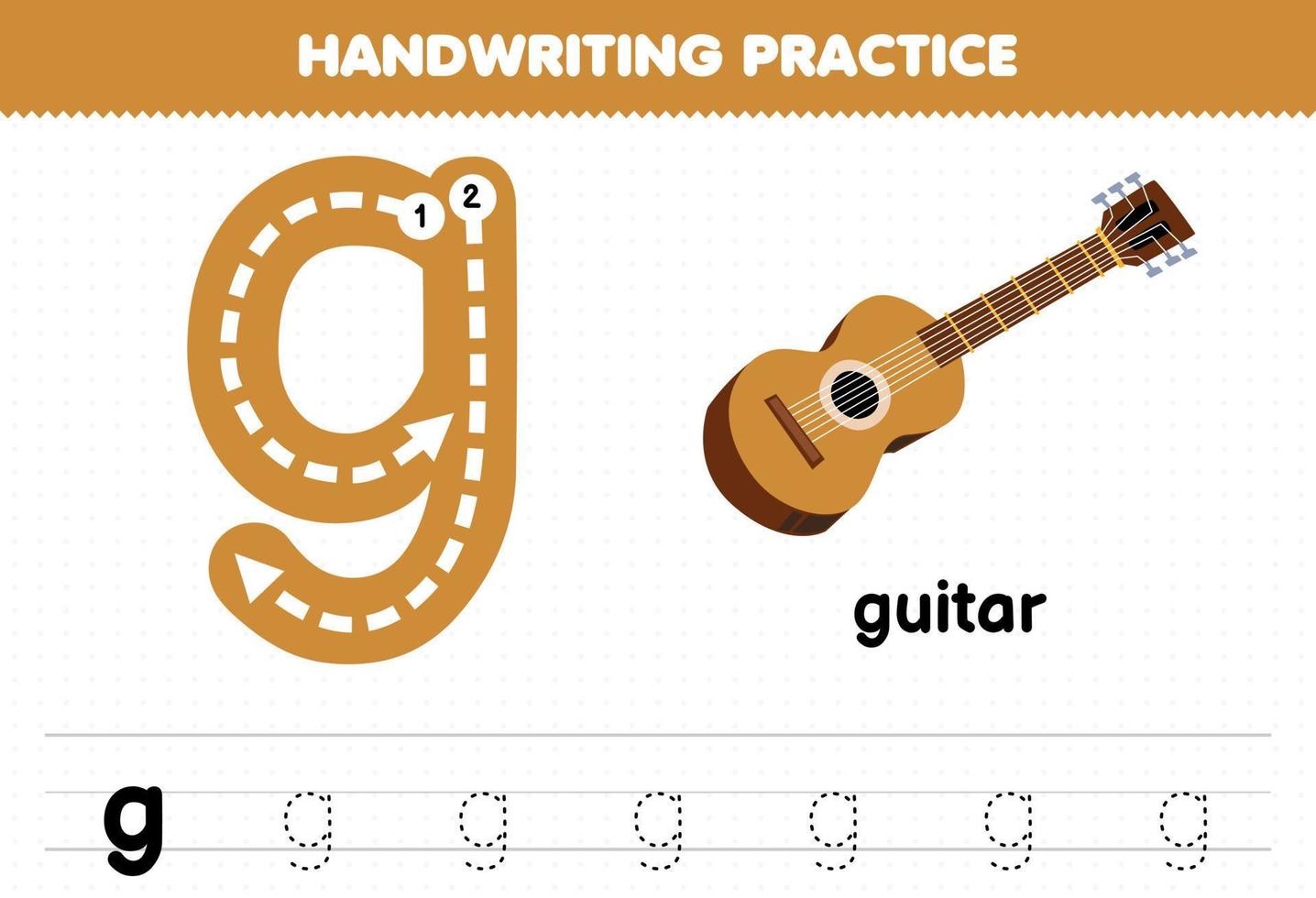 Education game for children handwriting practice with lowercase letters g for guitar printable worksheet vector