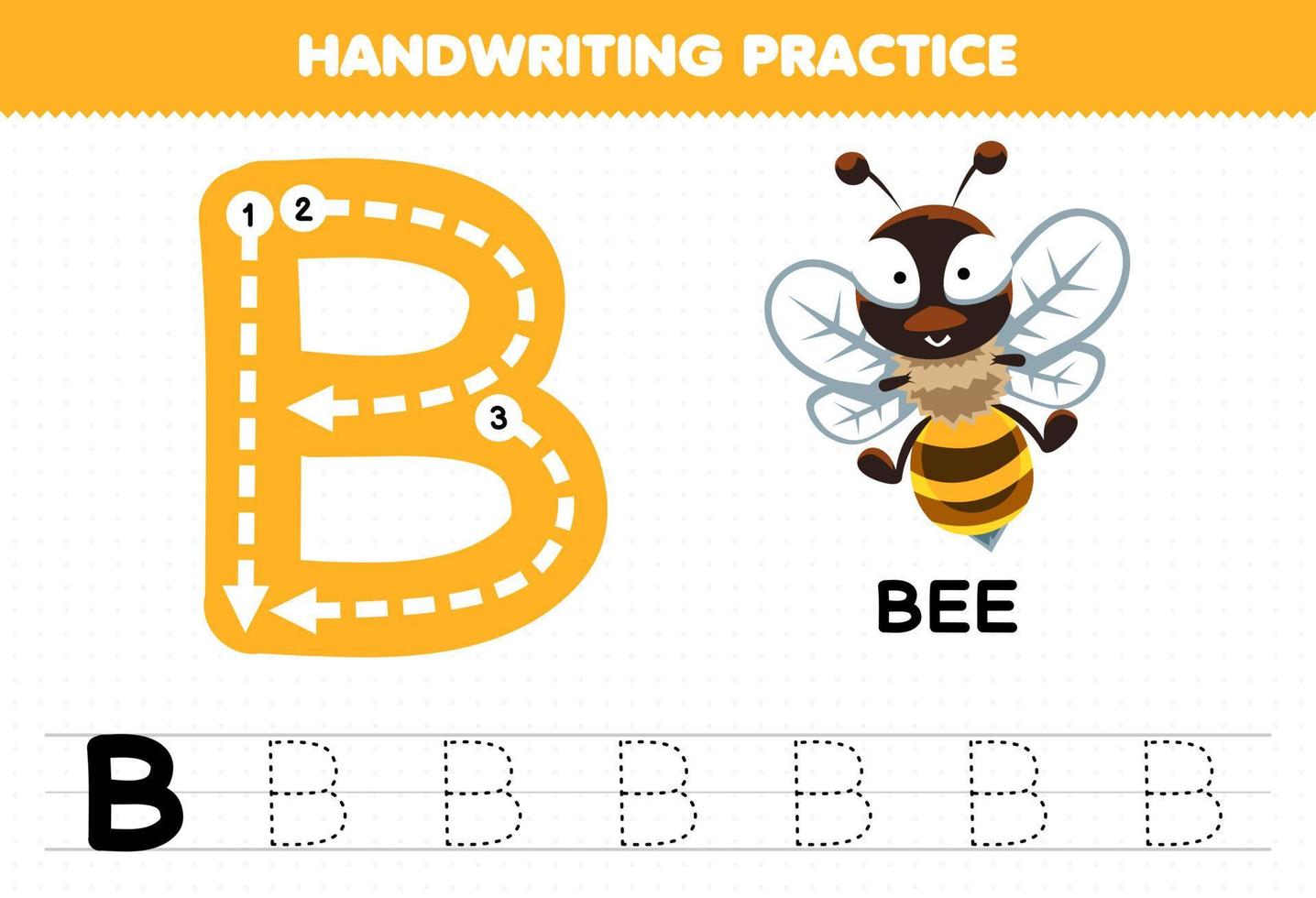 juego educativo para niños práctica de escritura a mano con letras mayúsculas b para hoja de trabajo imprimible de abeja vector