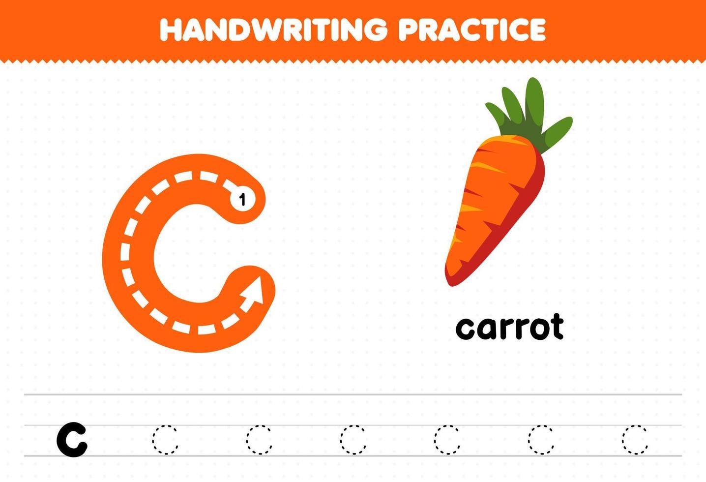 juego educativo para niños práctica de escritura a mano con letras minúsculas c para hoja de trabajo imprimible de zanahoria vector