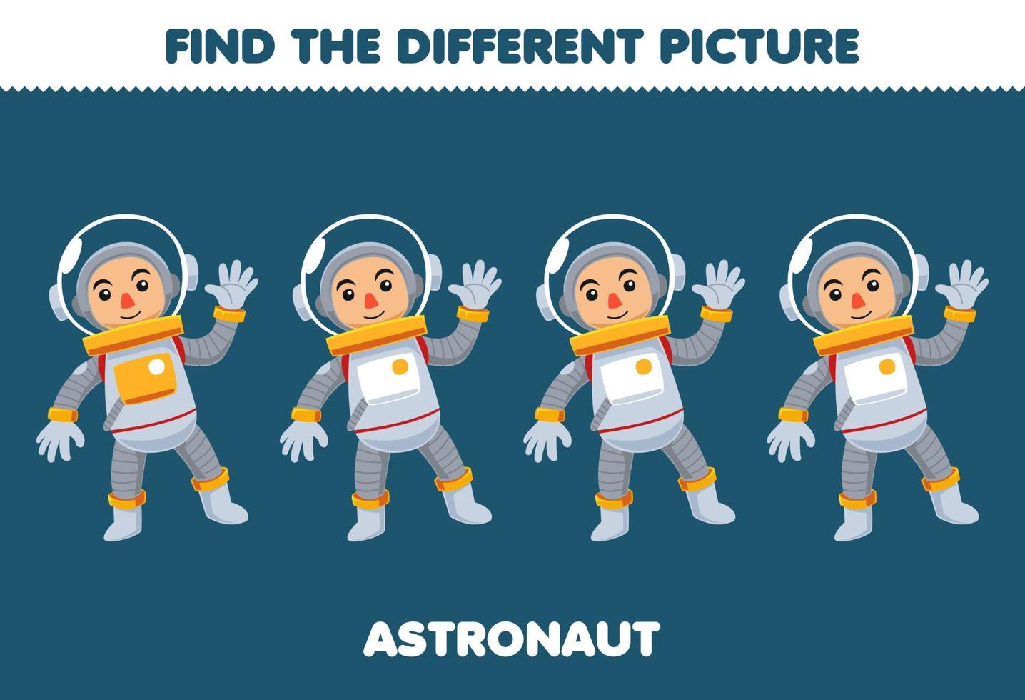 Education game for children find the different picture of cute cartoon astronaut profession printable worksheet vector