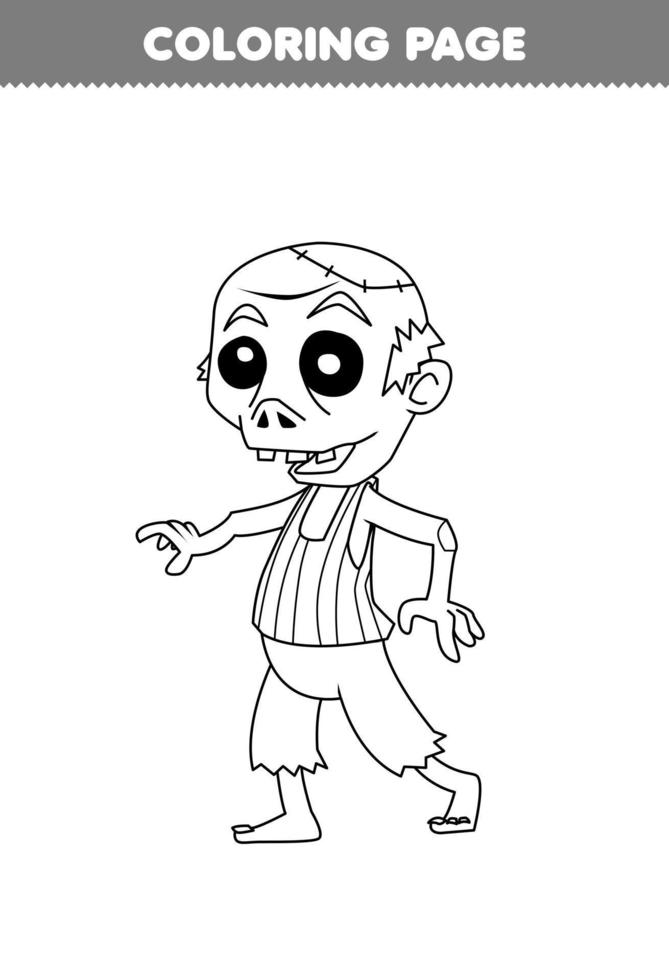 juego educativo para niños página para colorear de dibujos animados lindo zombie arte lineal hoja de trabajo imprimible de halloween vector