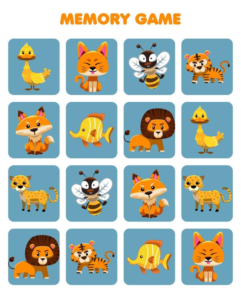 Education game for children memory to find similar pictures of cute cartoon yellow and orange animal printable worksheet vector