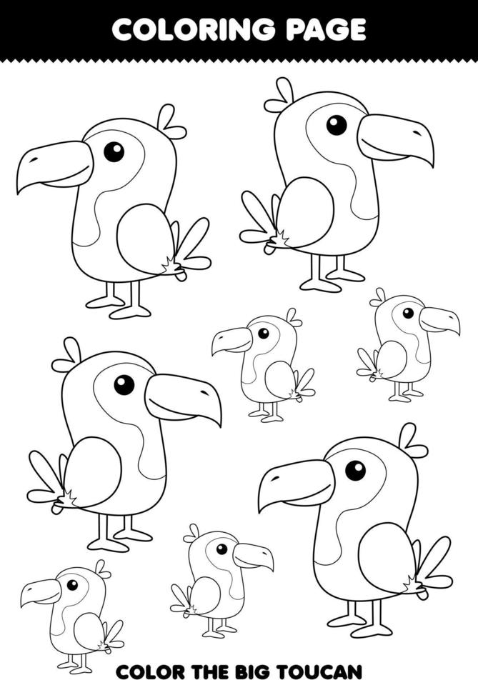 Education game for children coloring page big or small picture of cute cartoon toucan bird animal line art printable worksheet vector
