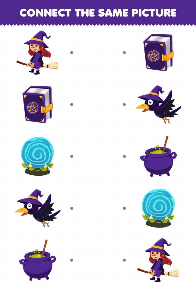 Education game for children connect the same picture of cute cartoon witch magic book orb crow cauldron halloween printable worksheet vector