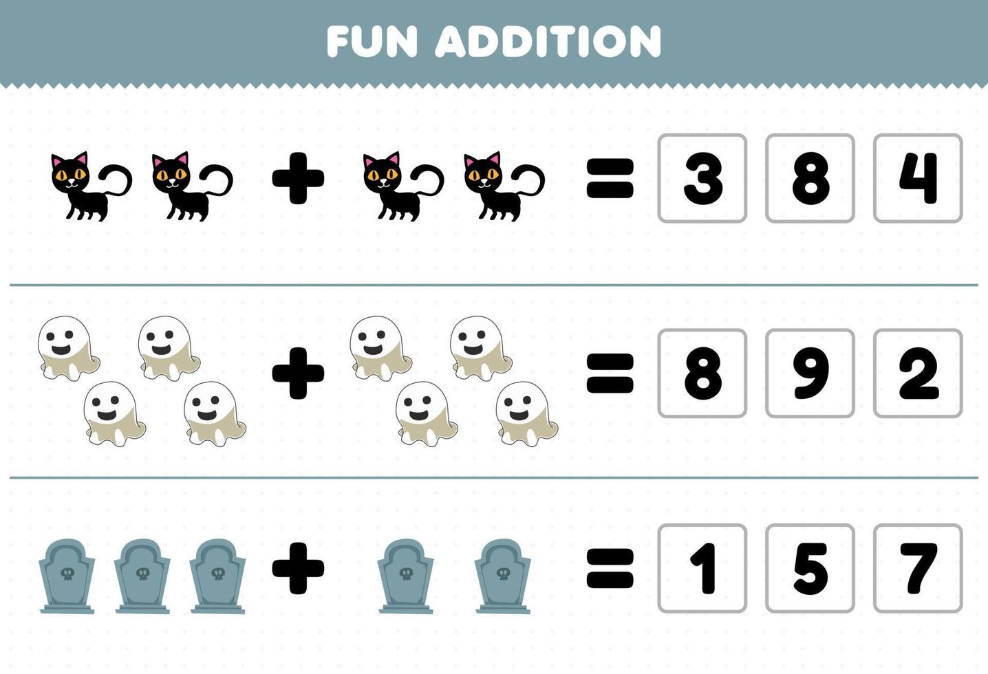 Education game for children fun addition by guess the correct number of cute cartoon black cat ghost tombstone halloween printable worksheet vector