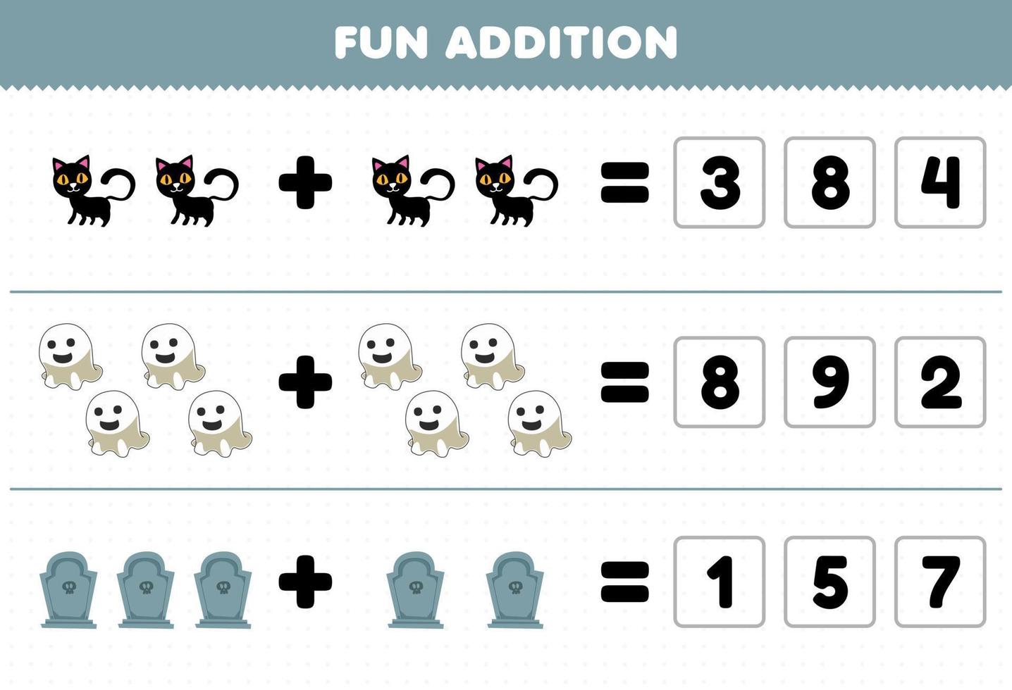 juego educativo para niños divertido además de adivinar el número correcto de dibujos animados lindo gato negro fantasma lápida hoja de trabajo imprimible de halloween vector