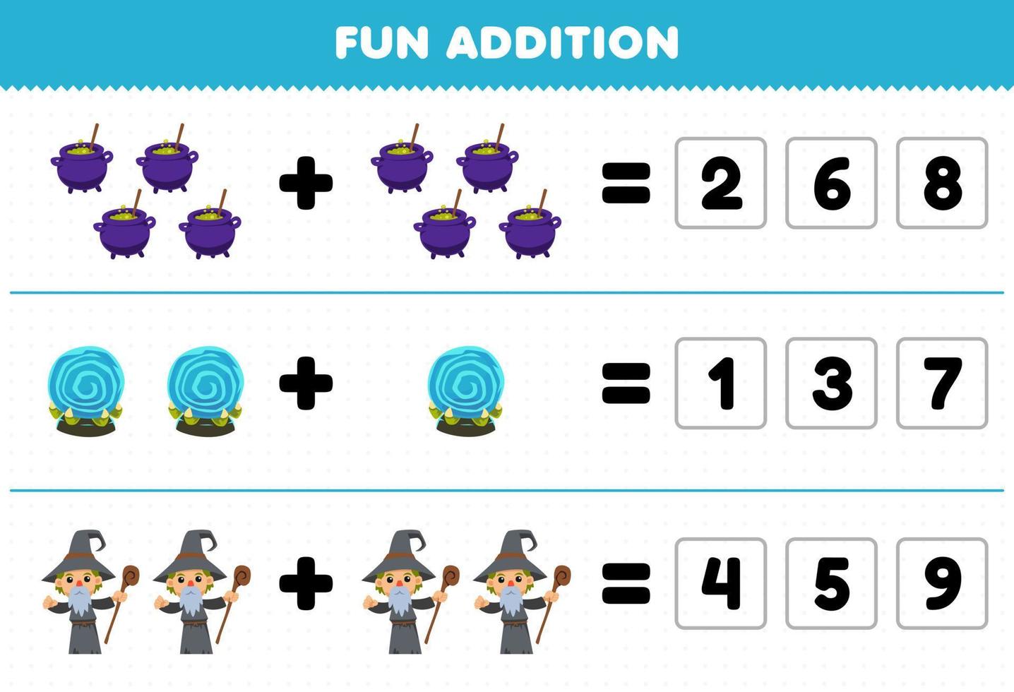 Education game for children fun addition by guess the correct number of cute cartoon cauldron magic orb wizard halloween printable worksheet vector