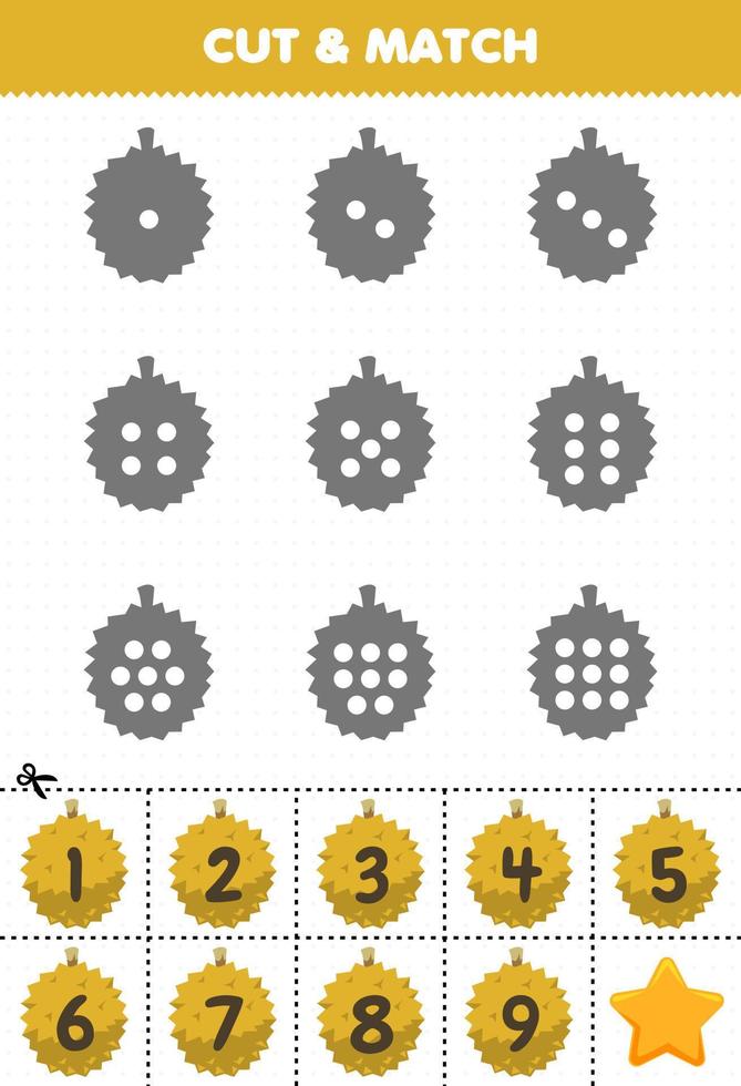 Educational game for kids count the dots on each silhouette and match them with the correct numbered durian fruits printable worksheet vector