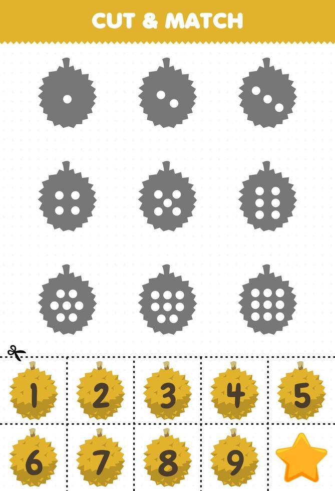 juego educativo para niños cuente los puntos en cada silueta y combínelos con la hoja de trabajo imprimible de frutas durian numerada correcta vector