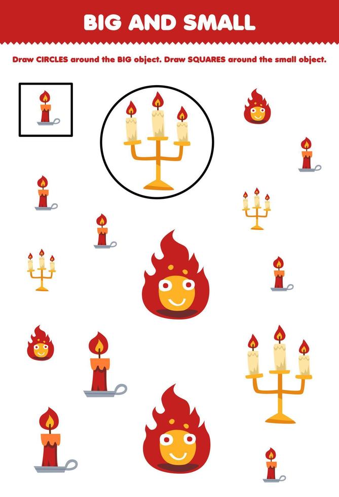 juego educativo para niños organizar por tamaño grande o pequeño dibujando un círculo y un cuadrado de dibujos animados lindo vela de fuego rojo hoja de trabajo imprimible de halloween vector