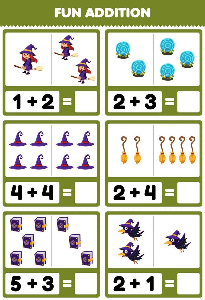 Education game for children fun addition by counting and sum of cute cartoon witch magic orb hat broom book crow halloween printable worksheet vector