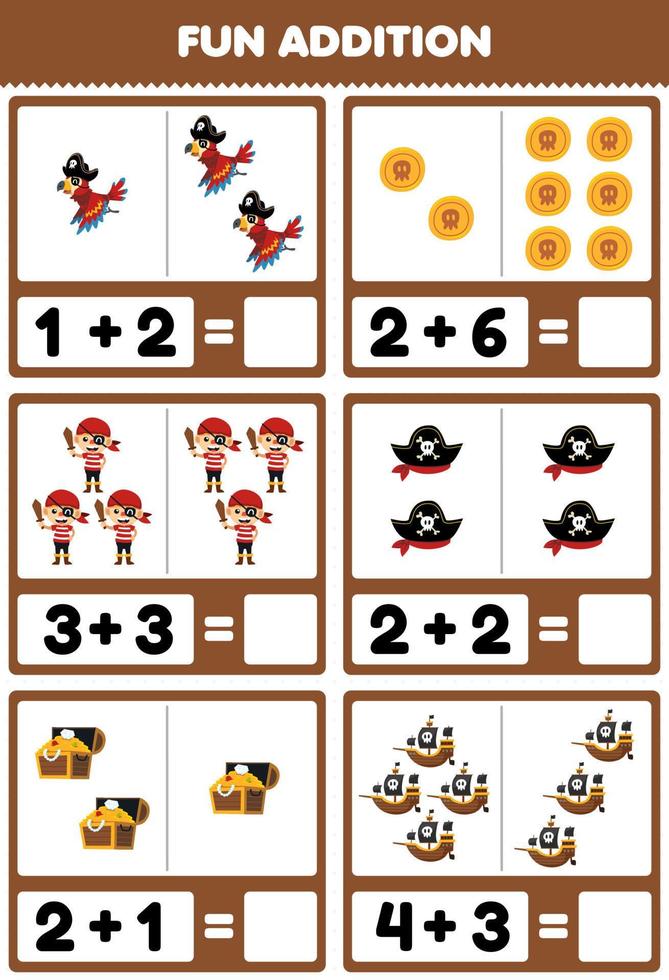 Education game for children fun addition by counting and sum of cute cartoon pirate boy parrot hat coin ship treasure chest halloween printable worksheet vector