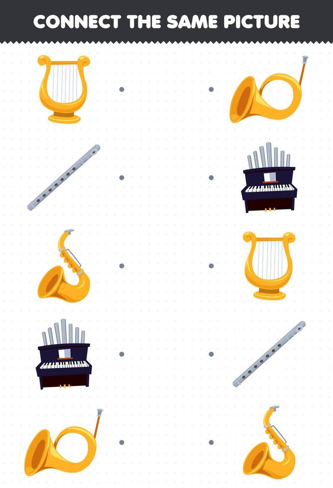 Education game for children connect the same picture of cartoon music instrument lyre flute saxophone organ horn printable worksheet vector