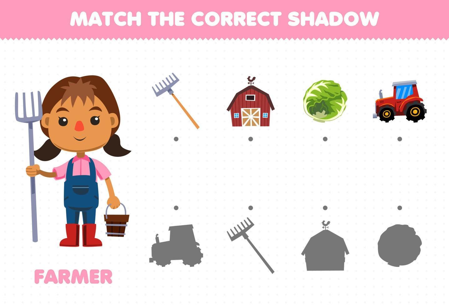 Education games for children match the correct shadow of set profession stuff for cute cartoon farmer printable worksheet vector