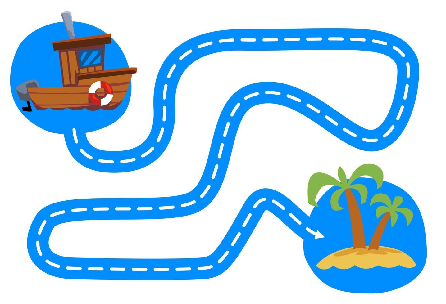juego educativo para niños práctica de escritura a mano trazar las líneas mover dibujos animados lindo barco de madera a la isla hoja de trabajo imprimible vector