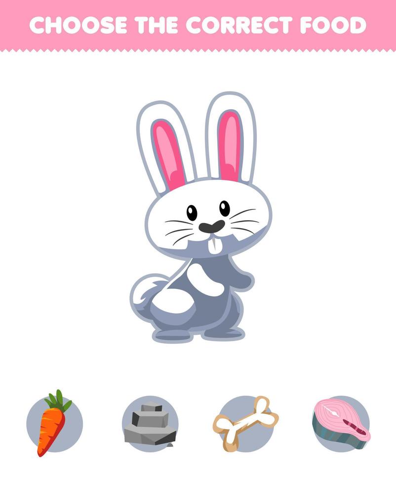 Education game for children choose the correct food for cute cartoon animal rabbit carrot stone bone or salmon printable worksheet vector