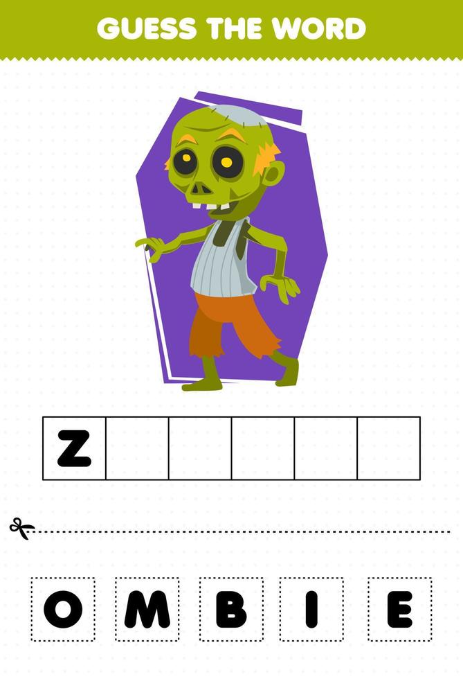 Education game for children guess the word letters practicing of cute cartoon zombie halloween printable worksheet vector