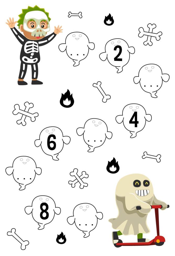 juego educativo para completar la secuencia de números con un esqueleto de dibujos animados lindo y una imagen de disfraz de fantasma hoja de trabajo imprimible de halloween vector