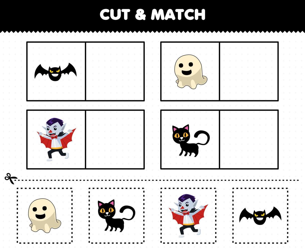 juego educativo para niños corta y combina la misma imagen de dibujos animados lindo murciélago gato fantasma disfraz de drácula hoja de trabajo imprimible de halloween vector