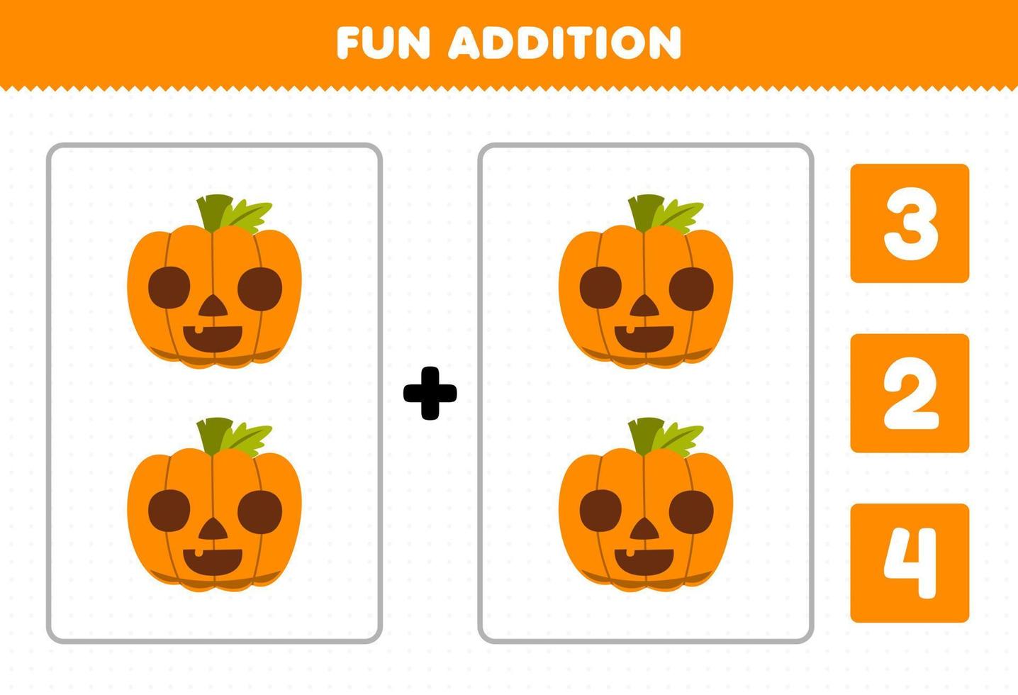 juego de educación para niños divertido además por conteo y elija la respuesta correcta de la hoja de trabajo imprimible de halloween de calabaza naranja de dibujos animados lindo vector