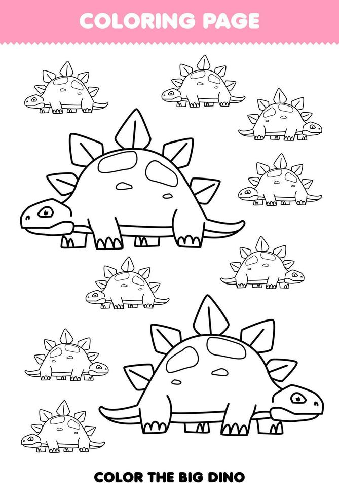 Education game for children coloring page big or small picture of cute cartoon prehistoric dinosaur stegosaurus line art printable worksheet vector