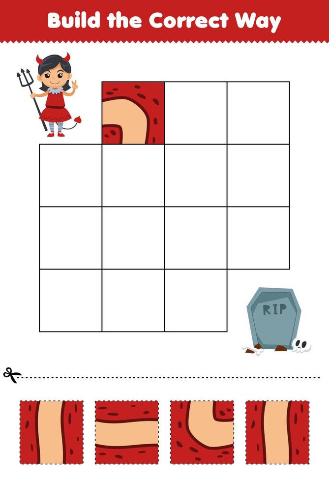 Education game for children build the correct way help cute cartoon devil girl costume move to tombstone halloween printable worksheet vector