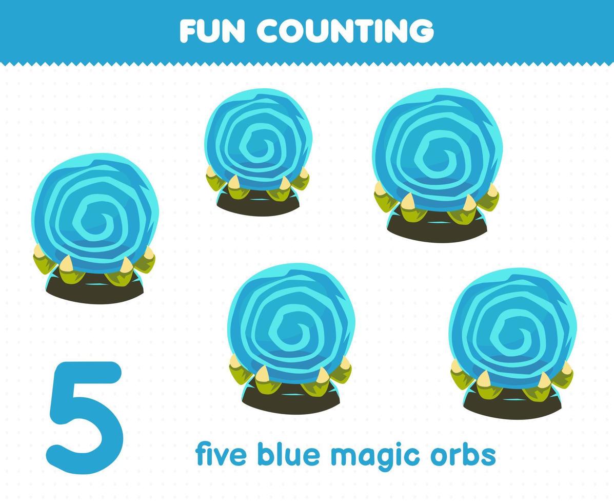 Education game for children fun counting five blue magic orbs halloween worksheet vector