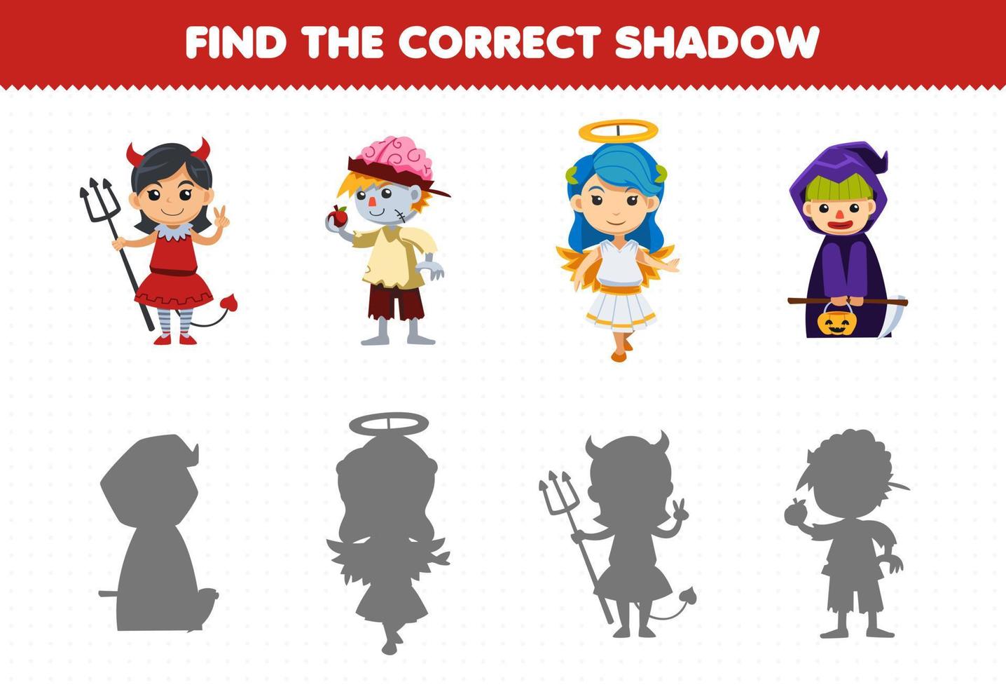 Education game for children find the correct shadow set of cute cartoon devil girl zombie boy angel costume halloween printable worksheet vector