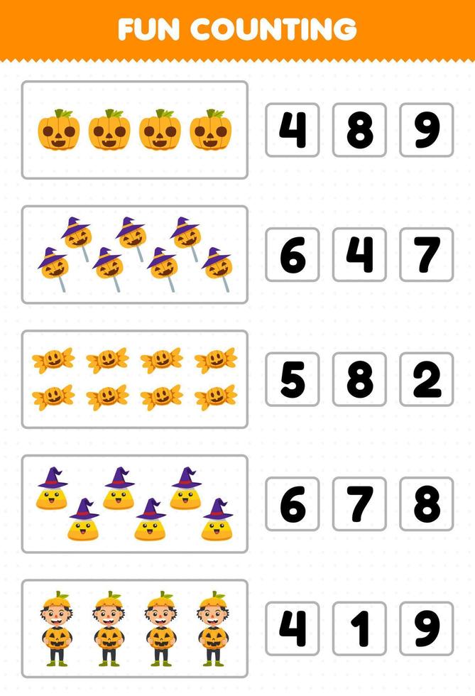 juego educativo para niños diversión contando y eligiendo el número correcto de lindos dibujos animados maíz dulce calabaza niño disfraz halloween hoja de trabajo imprimible vector