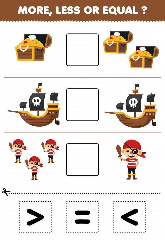 juego educativo para niños más menos o igual cuente la cantidad de cofre del tesoro de dibujos animados lindo disfraz de pirata luego corte y pegue el letrero correcto hoja de trabajo de halloween vector