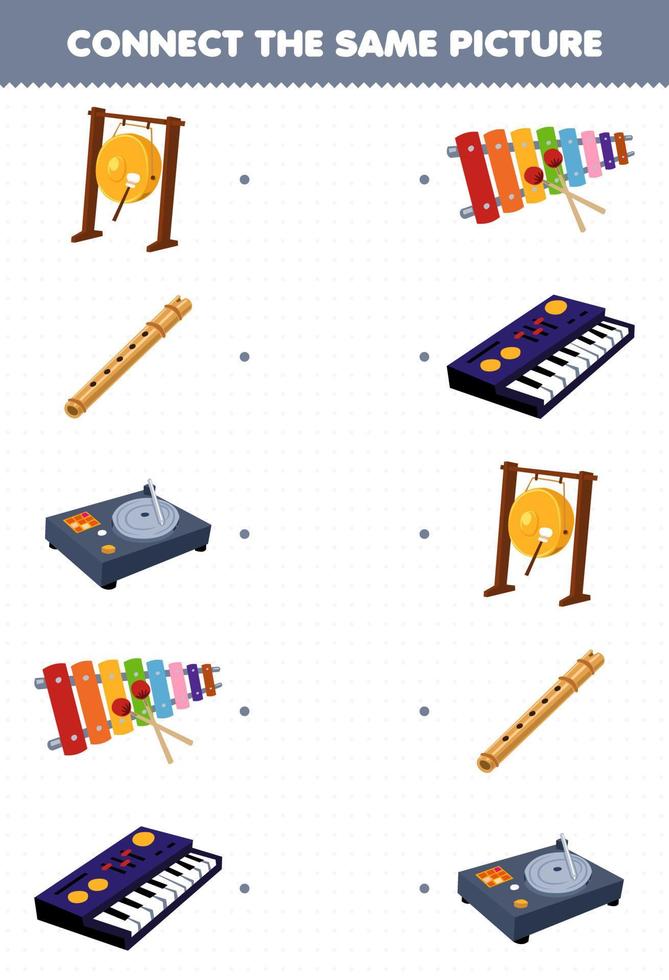 Education game for children connect the same picture of cartoon music instrument gong flute turntable xylophone synthesizer printable worksheet vector