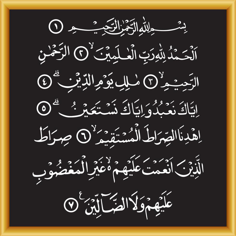 Surah Al Fatihah calligraphy in the Quran. Islamic calligraphy in gold frame. Vector illustration