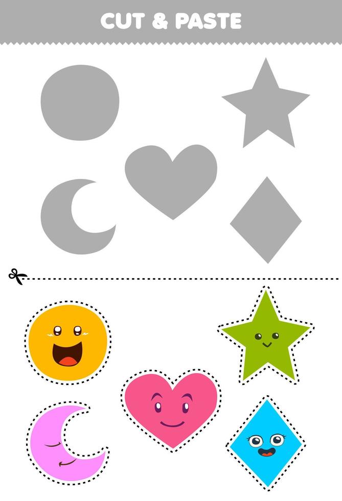 Education game for children cut and paste cute cartoon geometric shapes circle heart star crescent rhombus to the correct part printable worksheet vector