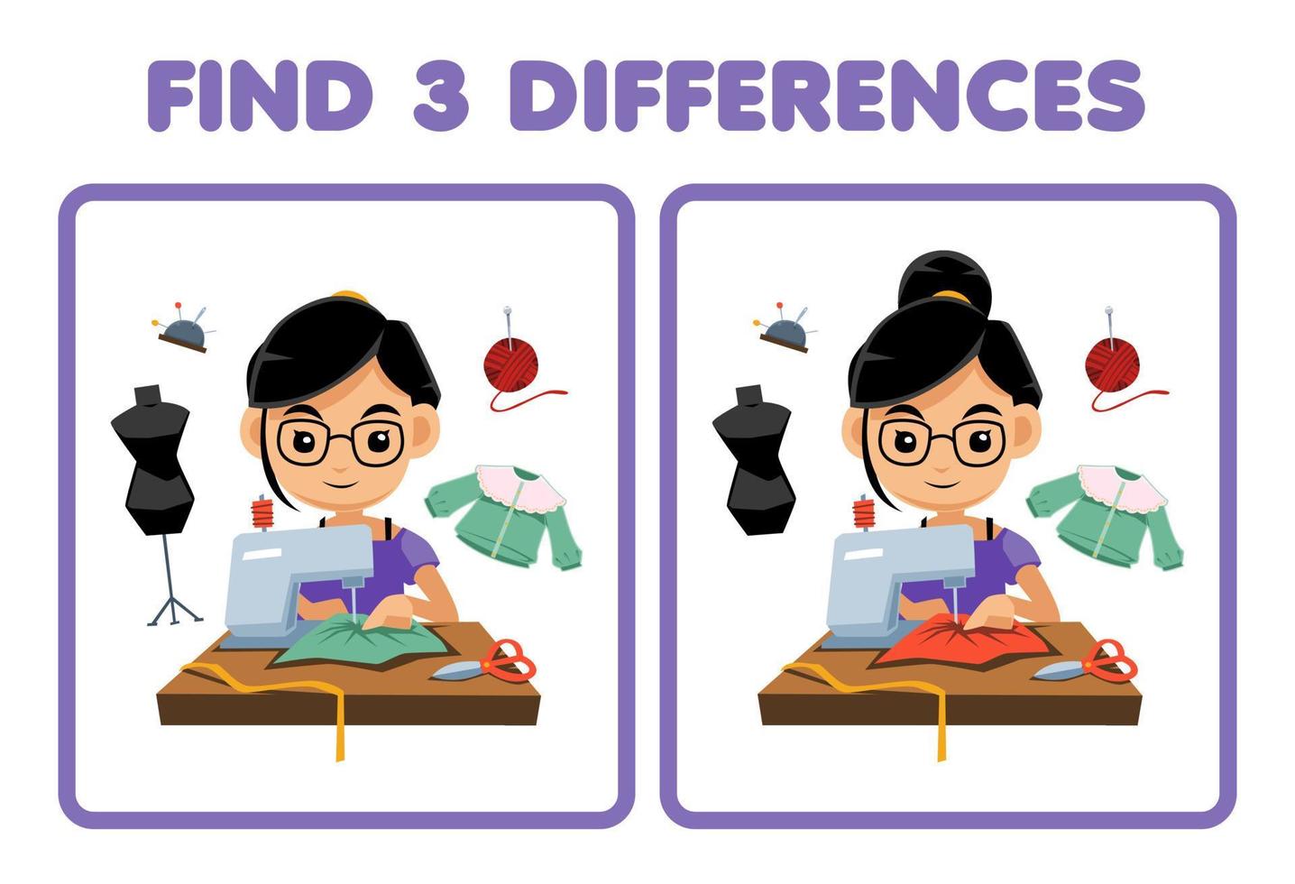 juego educativo para niños encuentra tres diferencias entre dos hojas de trabajo imprimibles de profesión de sastre de dibujos animados lindos vector