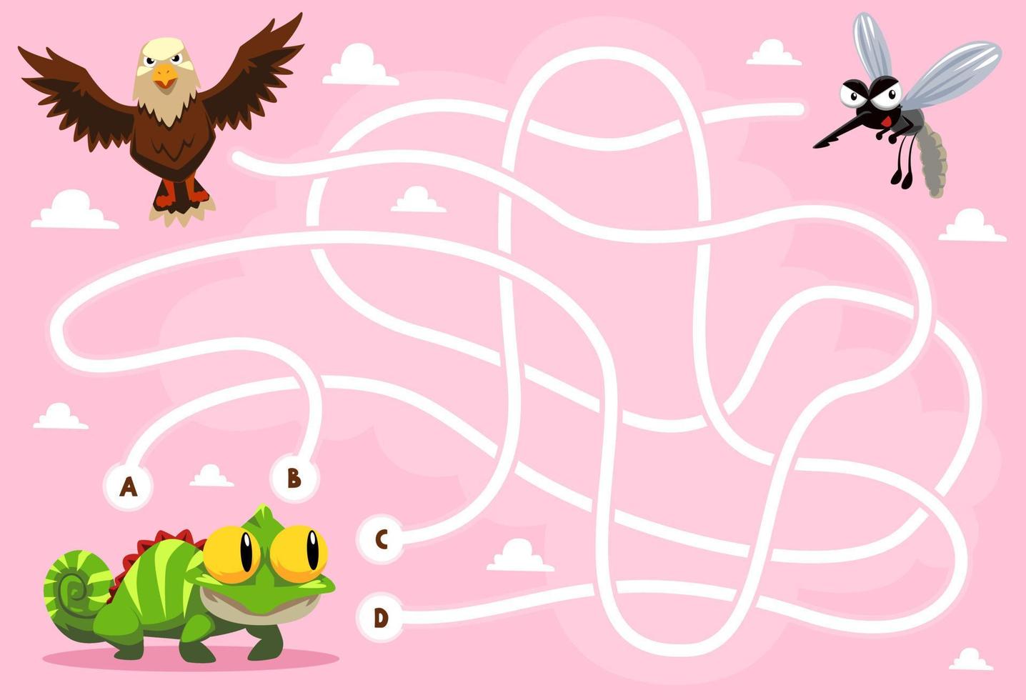 Maze puzzle game for children with cute cartoon animal iguana eagle mosquito printable worksheet vector