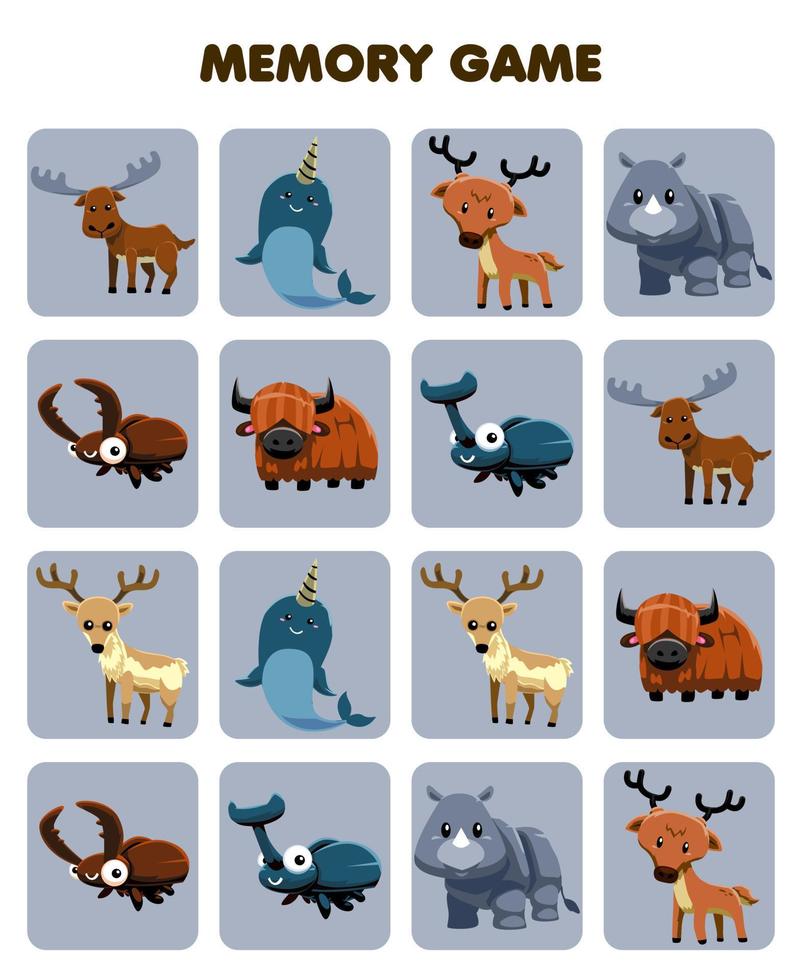Education game for children memory to find similar pictures of cute cartoon animal with horn printable worksheet vector