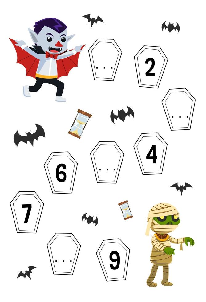 Education game for complete the sequence of number with cute cartoon dracula and mummy costume picture halloween printable worksheet vector