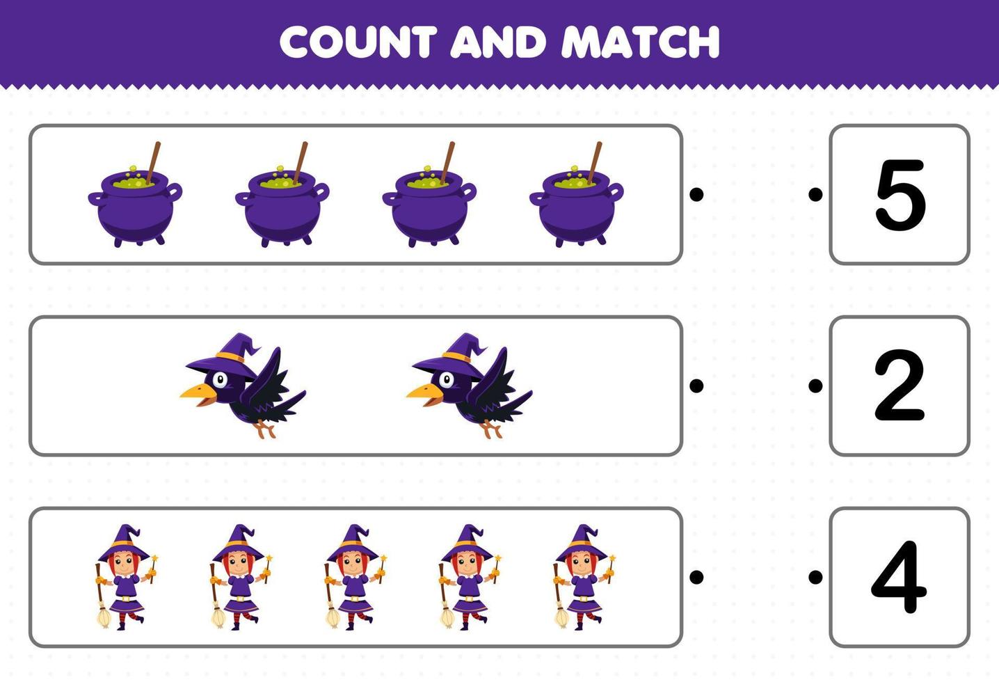 Education game for children count the number of cute cartoon cauldron crow witch costume and match with the right numbers halloween printable worksheet vector
