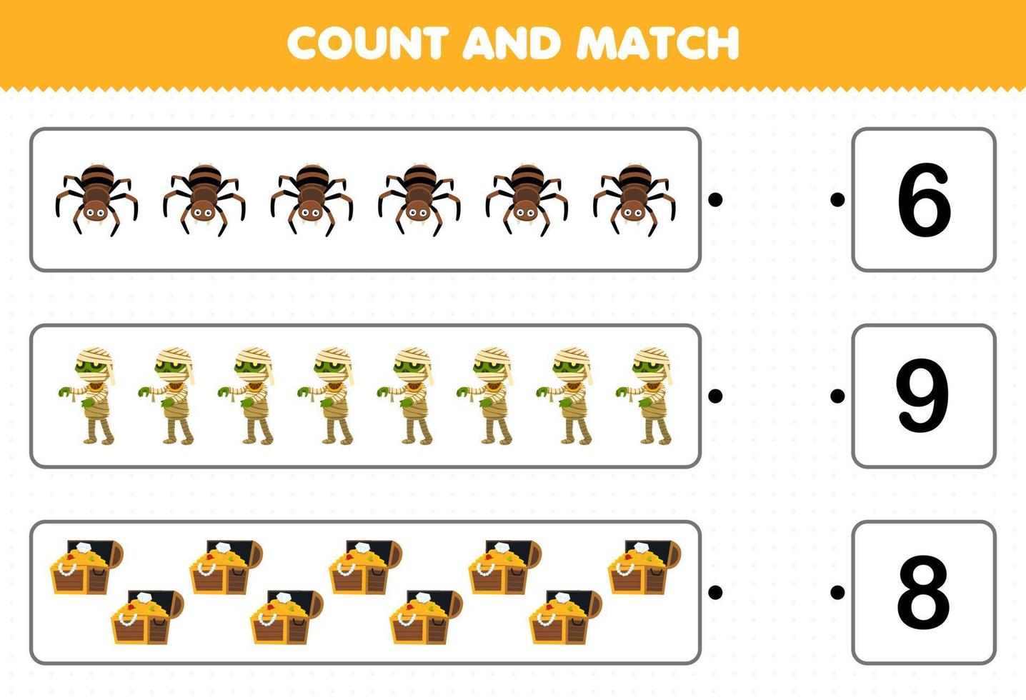 juego educativo para niños cuente el número de zombis del cofre del tesoro de la araña de dibujos animados lindo y haga coincidir con los números correctos hoja de trabajo imprimible de halloween vector