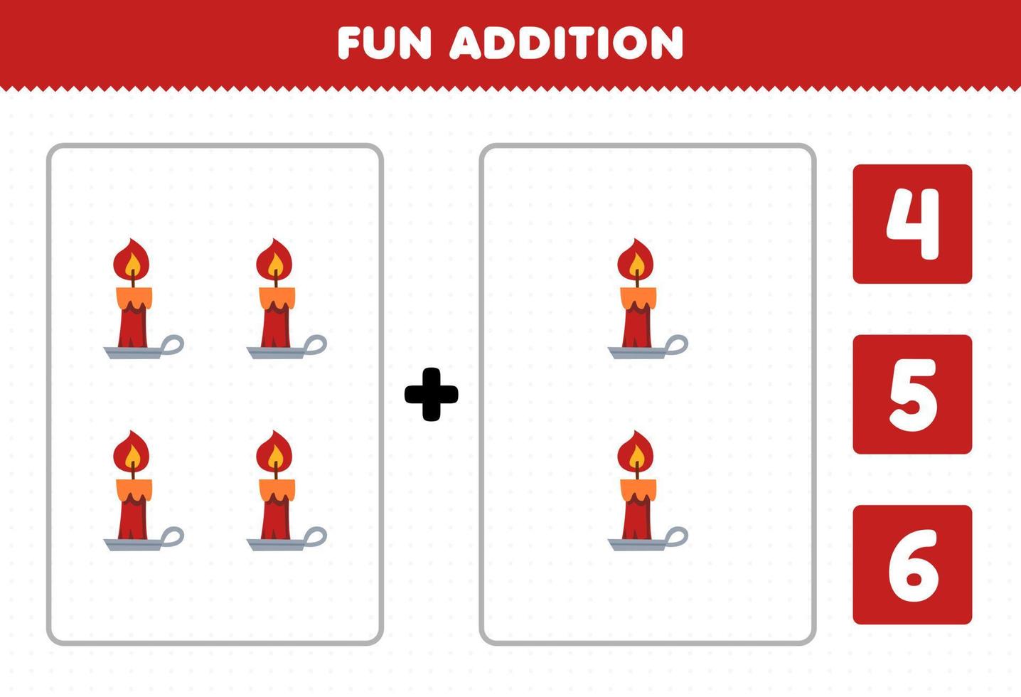 Education game for children fun addition by count and choose the correct answer of cute cartoon red candle halloween printable worksheet vector