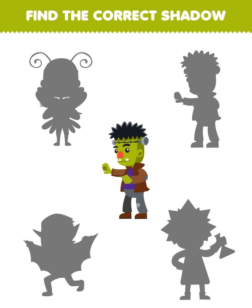 Education game for children find the correct shadow set of cute cartoon frankenstein costume halloween printable worksheet vector